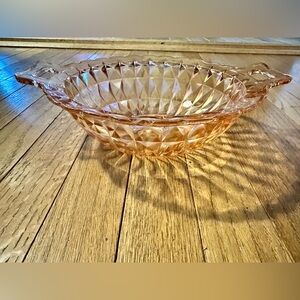 Vintage Jeannette Depression Glass Windsor Pattern Pink Handled Serving Bowl